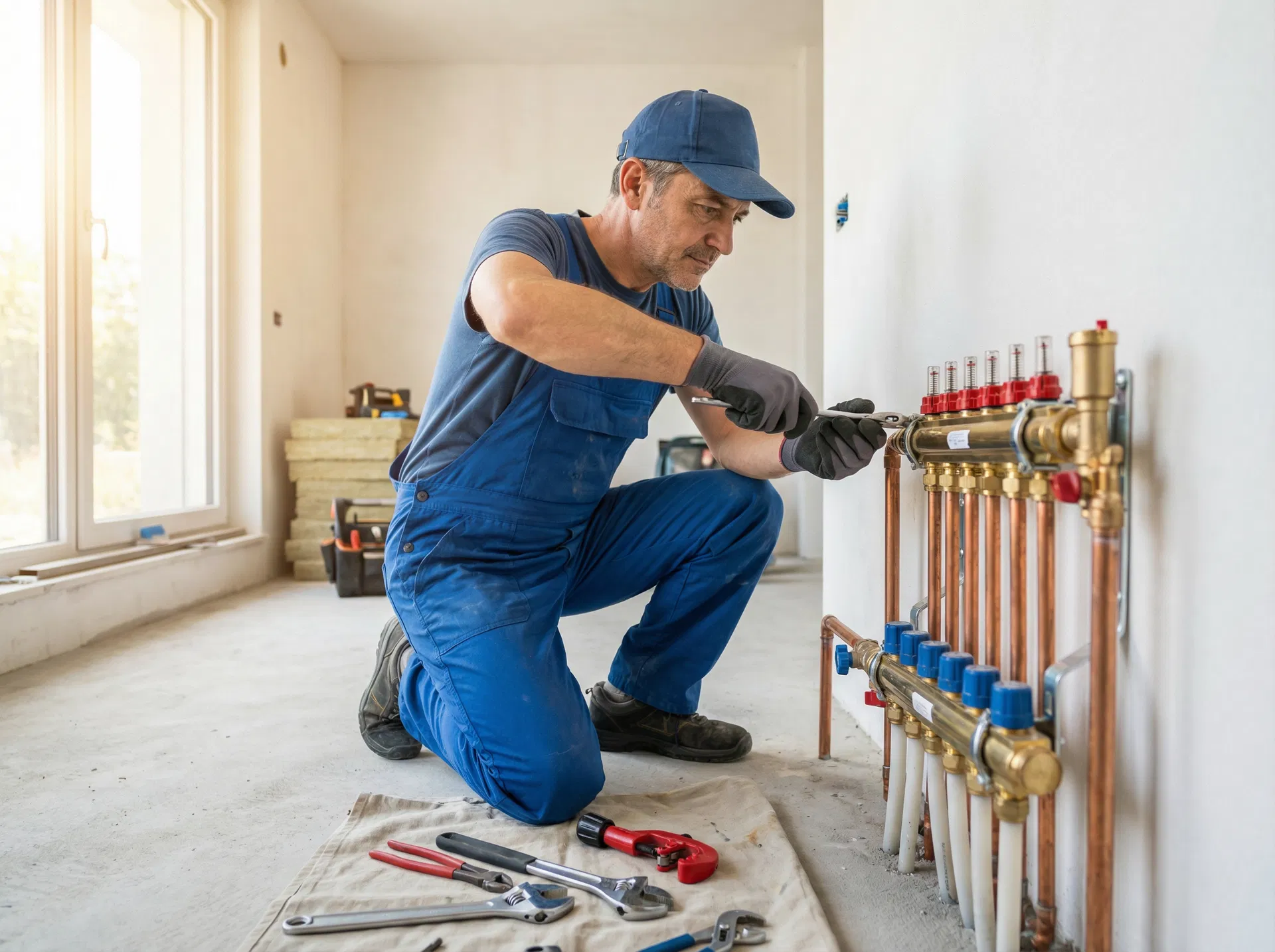 Tecnico idraulico al lavoro su un impianto